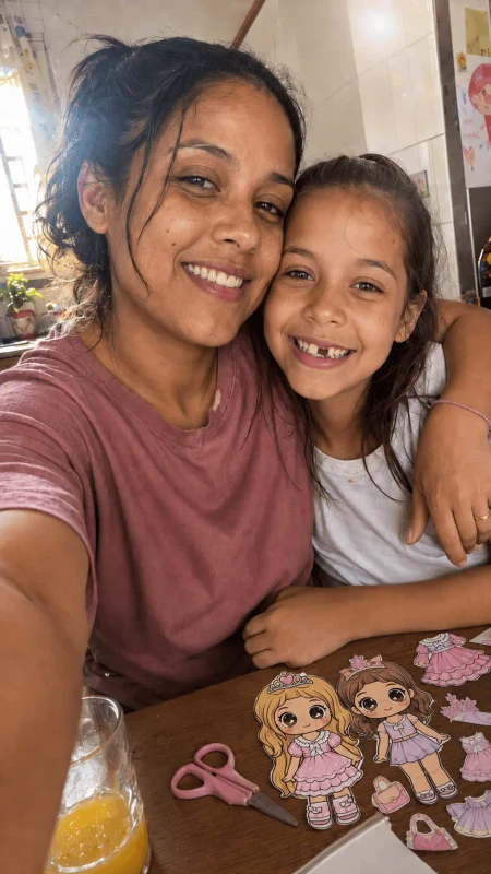 Mãe e filha montando o kit casinha de boneca